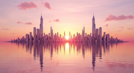 Obraz premium Serene cityscape reflecting in calm water during a beautiful sunset with pink clouds