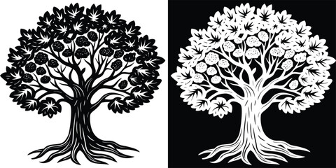 Striking black and white silhouette of a mature fruit tree with detailed roots and abundant foliage symbolizing growth and nature's bounty