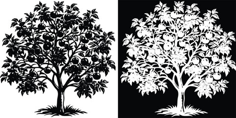 Lush fruit tree laden with ripe apples, rendered in striking silhouette perfect for harvest themes.