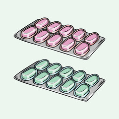 Blister Pack Medicine Tablets Pink and Green Medications Illustration for Pharmacy and Healthcare