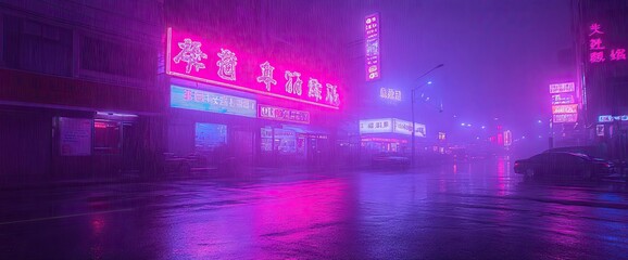 Fototapeta premium Neon-lit street scene at night, glistening with rain. Purples, pinks, blues, and city glow