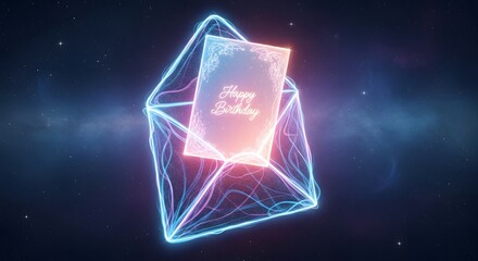 Holographic neon envelope with glowing lines holding elegant Happy Birthday card against starry dark background perfect for celebration greeting, digital invitation, and fantasy illustration