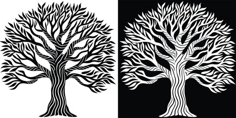 Striking black and white abstract tree design with flowing branches and artistic detail