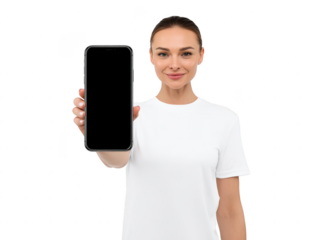 Smiling woman in white t shirt holding smartphone with blank screen, isolated on transparency background, presenting mobile device with confident expression, technology concept