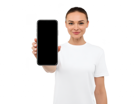 Smiling woman in white t shirt holding smartphone with blank screen, isolated on transparency background, presenting mobile device with confident expression, technology concept - Powered by Adobe