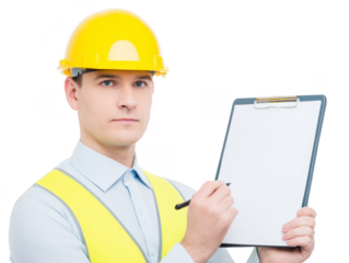 Man construction worker safety helmet vest clipboard pen inspection professional man wearing yellow safety helmet and reflective vest holds clipboard and pen appearing focused and professional