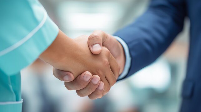 Businessman shaking hands with nurse, representing successful partnership or agreement in healthcare setting