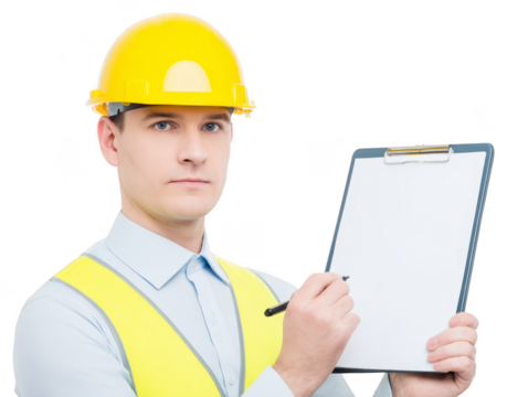 Man construction worker safety helmet vest clipboard pen inspection professional man wearing yellow safety helmet and reflective vest holds clipboard and pen appearing focused and professional