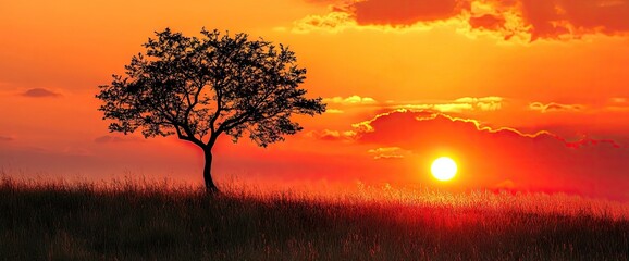 Naklejka premium Silhouette tree at fiery sunset