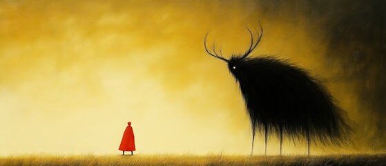 Red figure faces shadowy, antlered beast in a surreal landscape