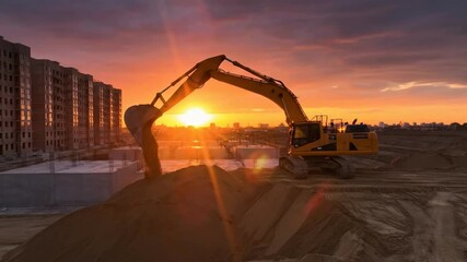 Excavation construction site with excavator digging and building new luxury site for condominiums and upscale townhouses