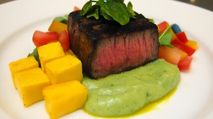 Delicious Grilled Steak with Mango Salsa and Avocado Puree