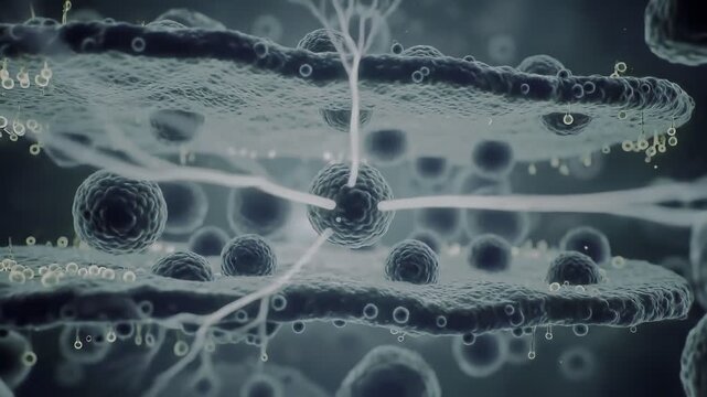 Close up of abstract cells or viruses with connecting nodes and filaments on a grayish background with a shallow depth of field and a desaturated moody aesthetic.