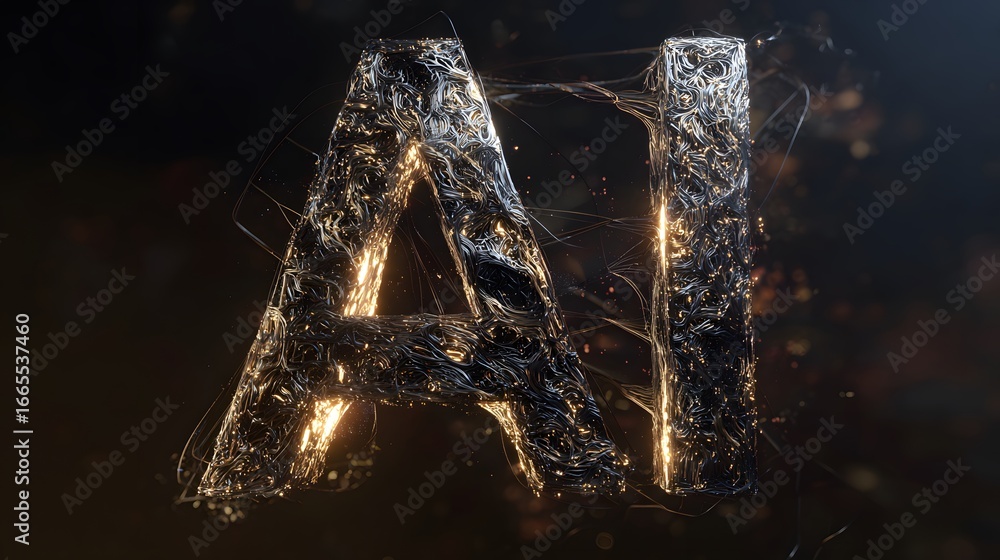 Poster ai letters formed from a complex glowing network of tangled metallic wires and fibers.