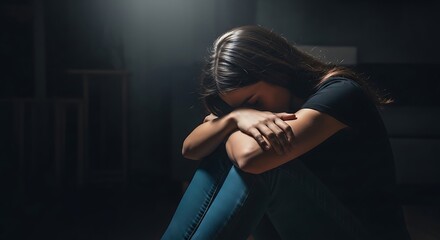 Woman in dark room with head down and arms around knees in distress and feeling sad alone