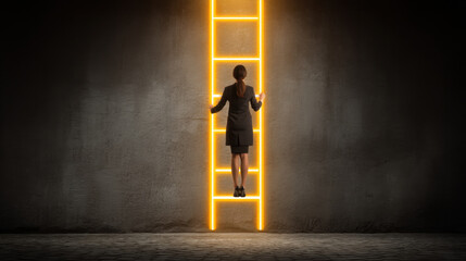 Woman in business suit stands in front of glowing neon ladder against dark wall, symbolizing ambition and pursuit of success. scene evokes feelings of determination and aspiration