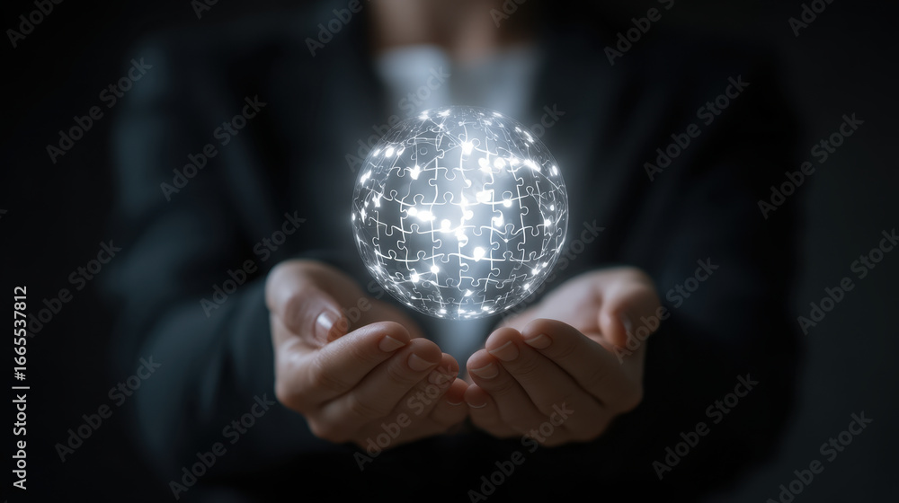 Poster person holds glowing puzzle globe, symbolizing global connection and collaboration. image conveys se