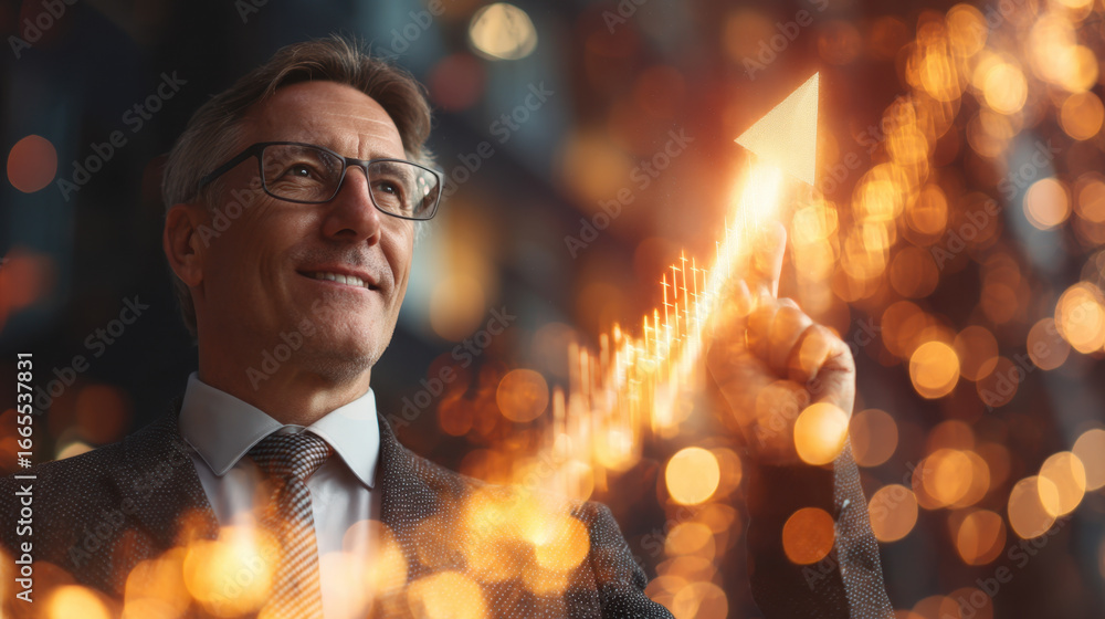 Poster businessman in suit smiling while pointing at rising graph, symbolizing growth and success in corpor