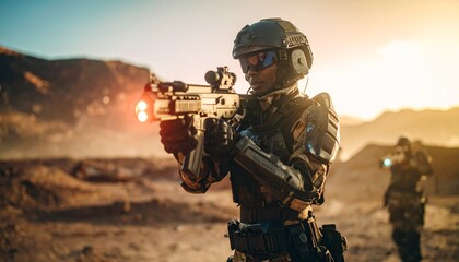 Fototapeta premium A futuristic soldier, equipped with advanced weaponry, stands alert in a desolate, sun-drenched landscape.