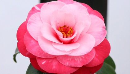 A close-up view of a vibrant camellia flower, showcasing a beautiful gradient of pink and red petals.