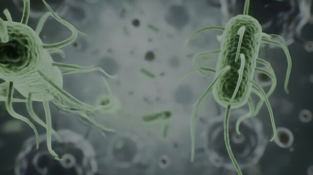 Detailed view of green rod shaped bacteria and cells against a grey background showing the structure of microorganisms, ideal for medical or biological illustrations.