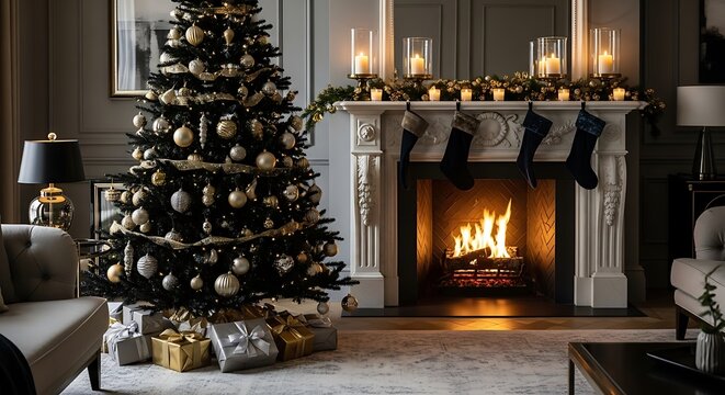 Christmas tree and fireplace with stockings in a cozy and festive living room scene setup