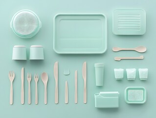 Mint Green Eco-Friendly Disposable Cutlery and Food Containers Flat Lay