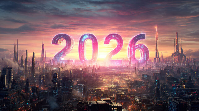 Futuristic cityscape with glowing numbers representing year 2026, surrounded by towering skyscrapers and vibrant sunset. scene evokes sense of hope and innovation - Powered by Adobe