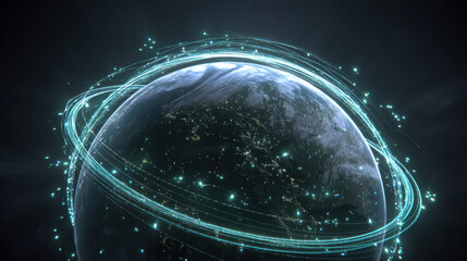 Stunning digital representation of Earth surrounded by glowing, swirling data streams, symbolizing connectivity and technology. image evokes sense of innovation and global communication
