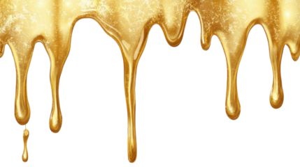 The image depicts dripping gold paint or liquid, characterized by its glossy texture and irregular, flowing patterns on white background 