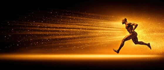 A glowing man runs against a backdrop of golden light streaks and particles. Speed and energy