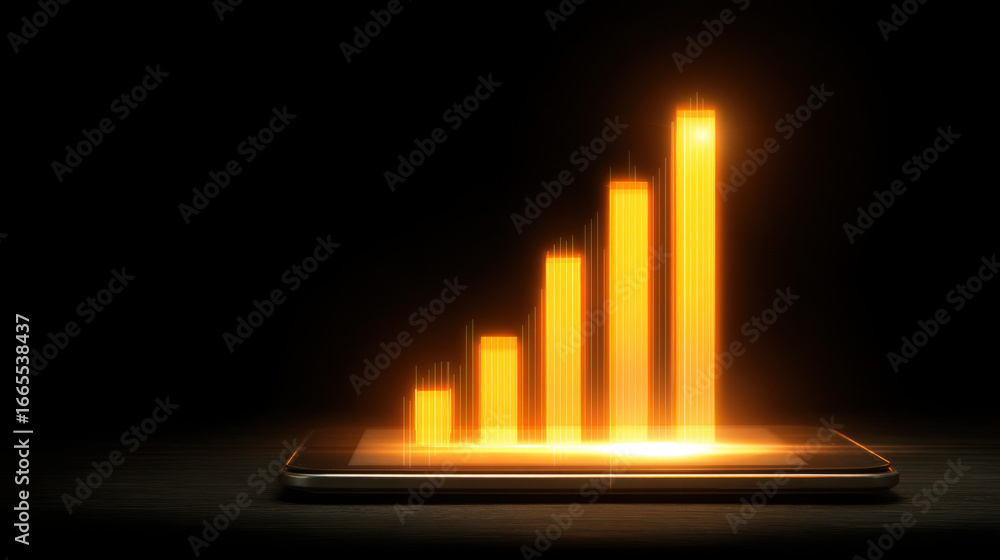 Poster digital growth chart smartphone glowing bars technology data analysis business progress statistics f