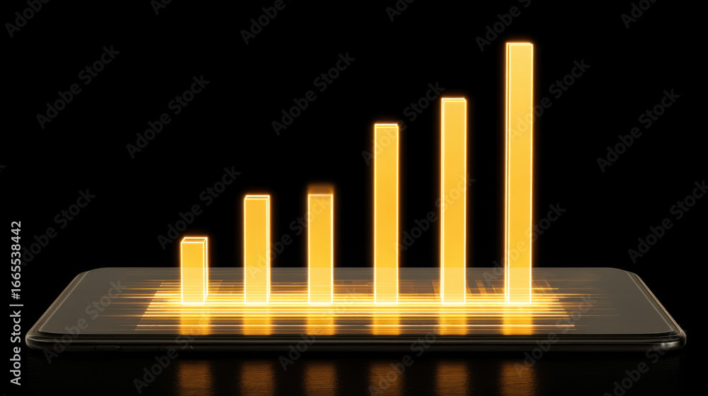 Poster smartphone displaying glowing bar graph representing growth and progress, set against black backgrou