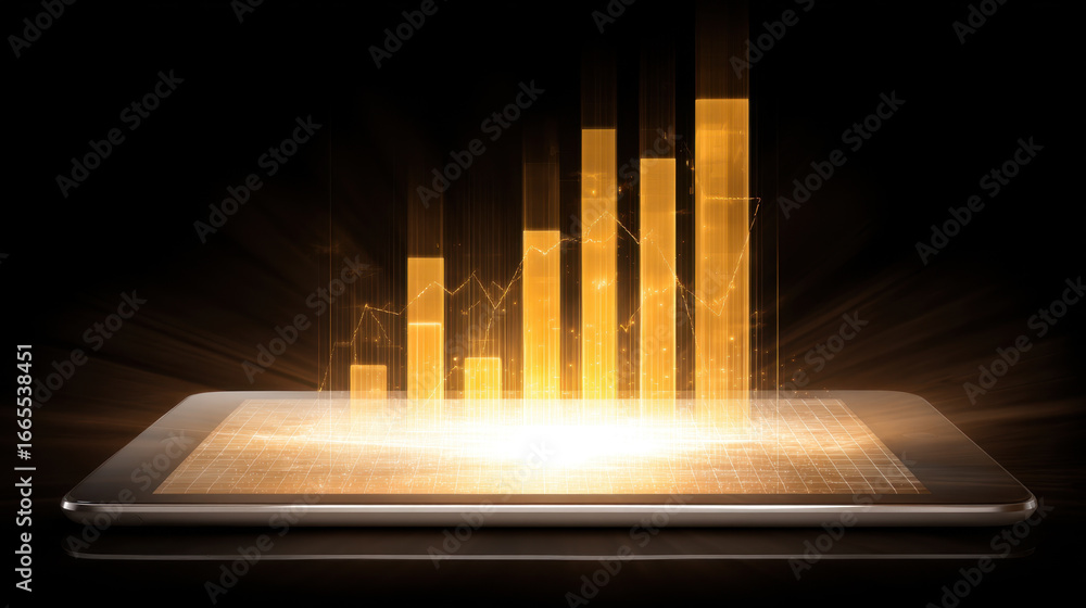 Poster digital tablet displaying glowing bar graphs and data visualizations, symbolizing financial growth a