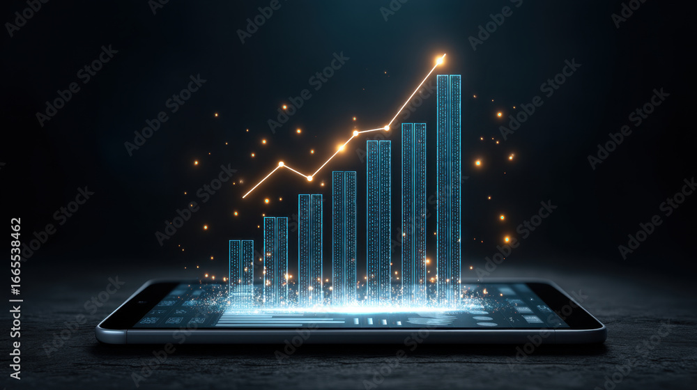 Poster digital graph on tablet screen displays growth and progress, symbolizing data analysis and technolog