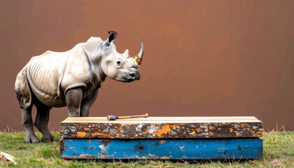 A young white rhinoceros stands calmly beside a rustic wooden platform against a muted brown backdrop.
