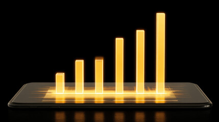 Smartphone displaying glowing bar graph representing growth and progress, set against black background. vibrant yellow bars symbolize increasing data or performance metrics, conveying sense