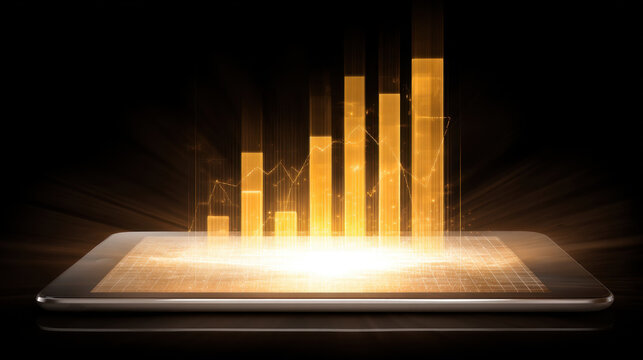Digital tablet displaying glowing bar graphs and data visualizations, symbolizing financial growth and analytics. vibrant golden colors create sense of innovation and technology