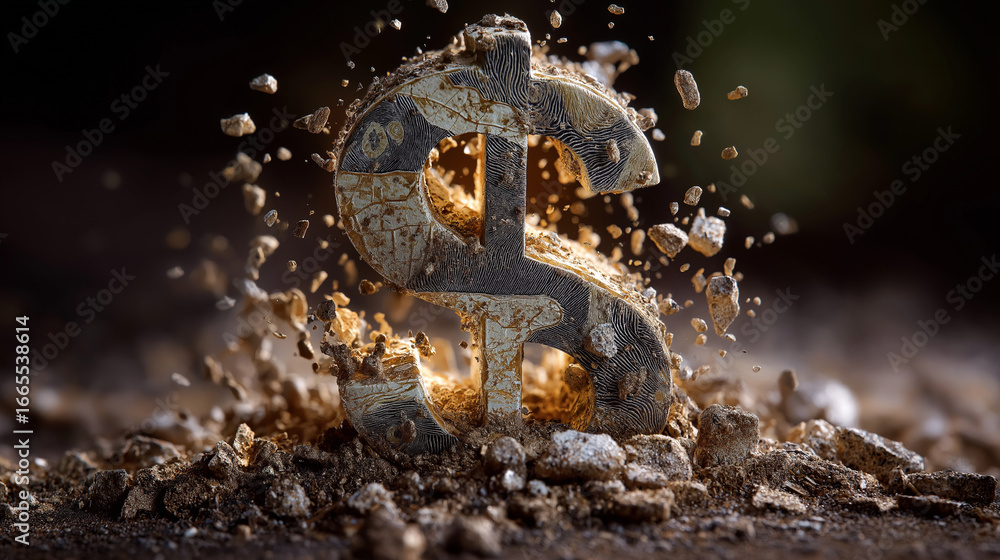 Poster dollar symbol breaking through: a striking image of a dollar sign symbol erupting through dirt, symb