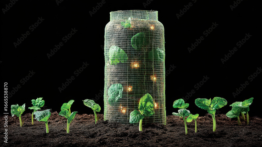 Aufkleber creative display of young spinach plants growing soil, surrounded by tall, transparent structure mad