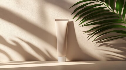 Minimalist skincare product tube with natural plant shadow and sunlight on textured wall