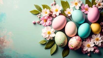 Pastel colored Easter eggs and delicate spring flowers arranged beautifully on a mint green background.
