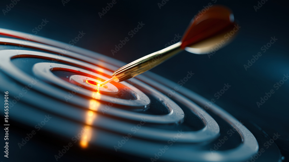 Poster dart hitting center of target symbolizes precision and focus. image captures moment of impact, showc