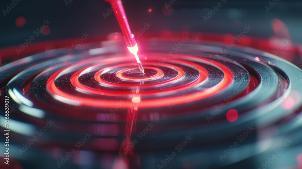 Poster close up view of precision tool creating concentric circles in reflective surface, illuminated by vi