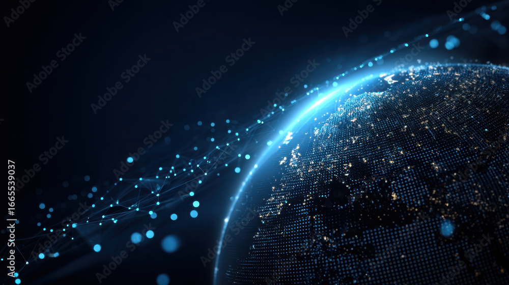 Poster Digital representation of Earth with glowing blue lines and dots, symbolizing connectivity and technology. image conveys sense of innovation and global communication