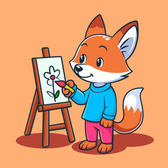 Cute Cartoon Fox Painting Flower on Canvas