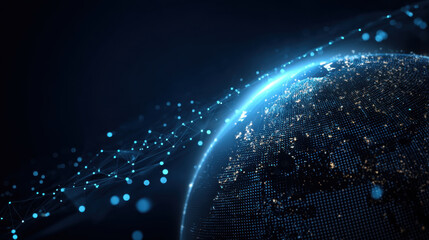 Digital representation of Earth with glowing blue lines and dots, symbolizing connectivity and technology. image conveys sense of innovation and global communication