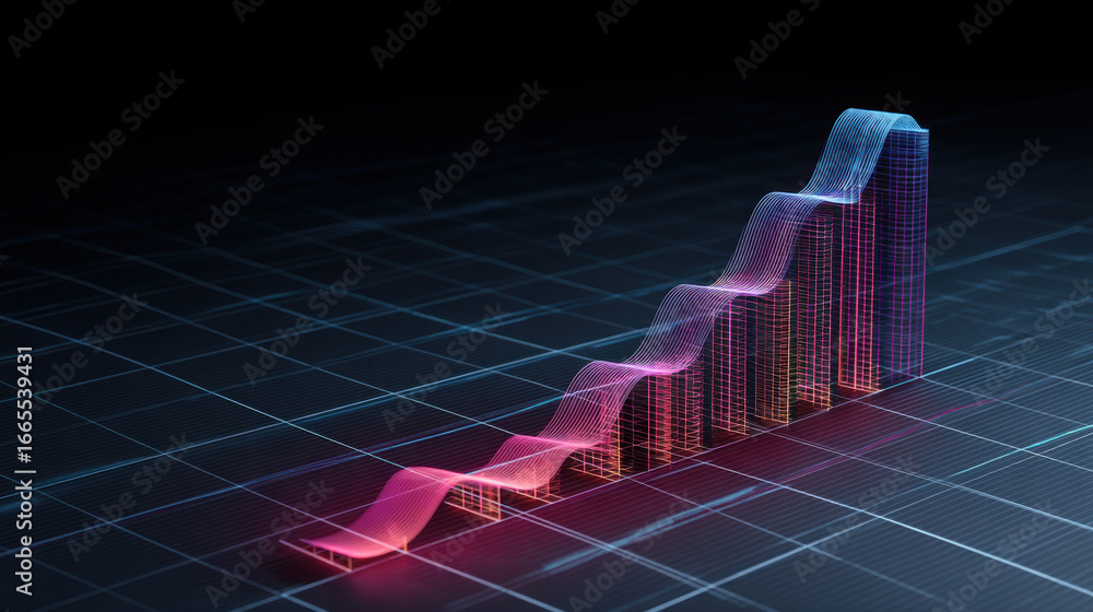 Poster vibrant, digital graph showcasing upward trend with colorful lines and bars, symbolizing growth and 