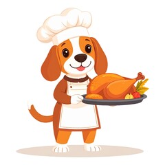 サンクスギビングデーのローストターキーを持つビーグルのシェフのフラットデザインAIイラスト4