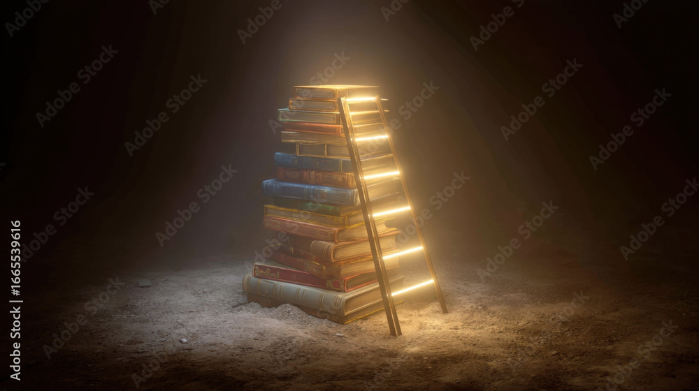 Poster stack of colorful books illuminated by soft light, resting on wooden ladder in dimly lit environment